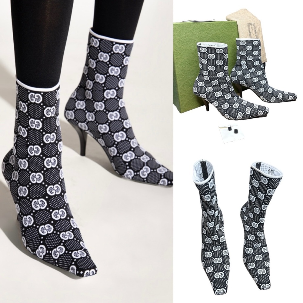 GUCCI Technical GG Jersey Fabric EU 38.5 US 8.5 Logo Booties Pointed Ankle